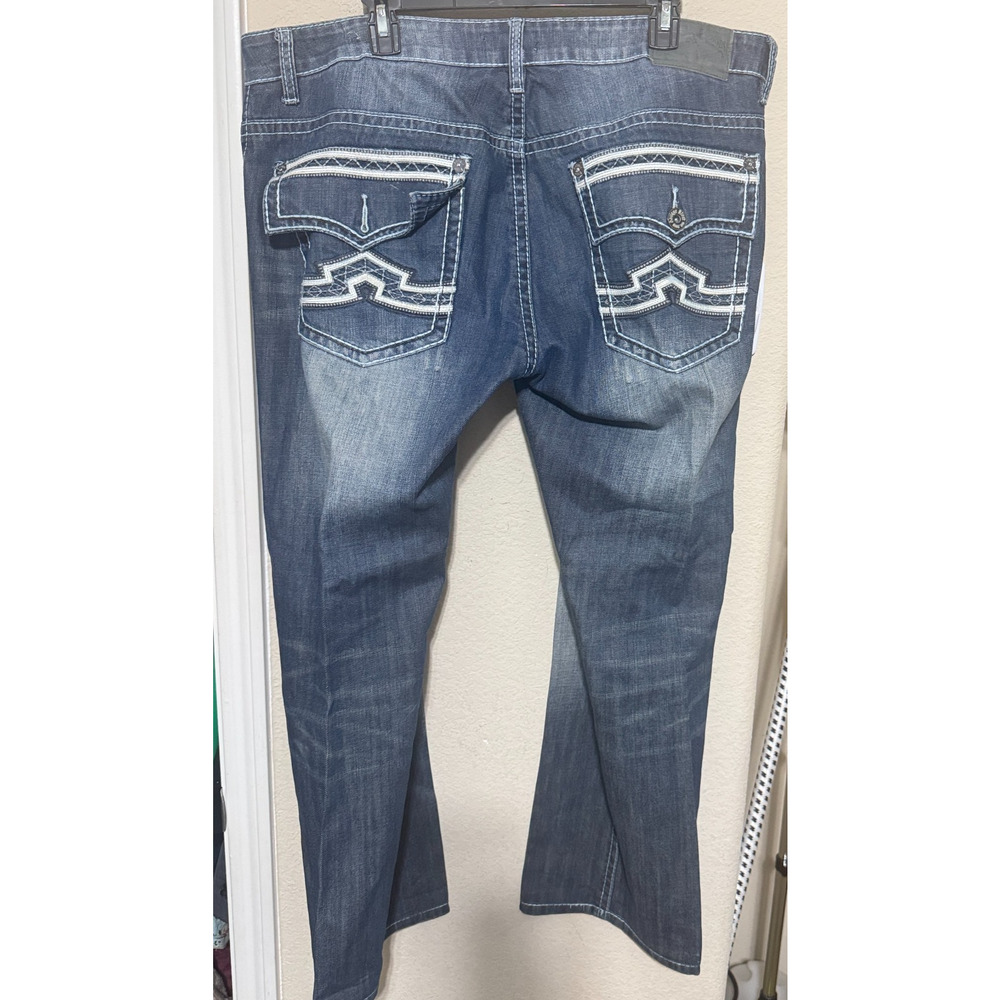 Antique Rivet Jeans Distressed Denim Mens sz 38x30 white stitching RS20 bootcut